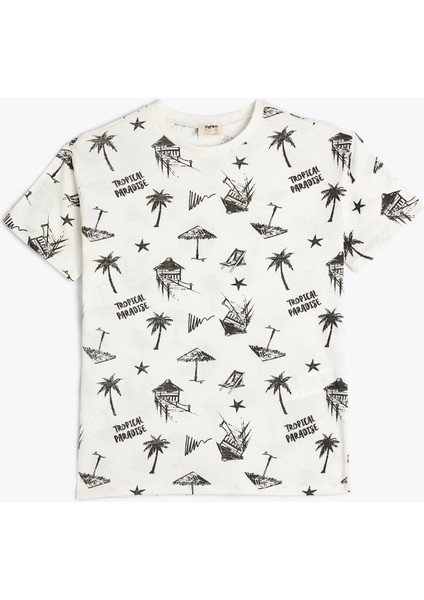 Tişört Tropik Baskılı Kısa Kollu Bisiklet Yaka Pamuklu