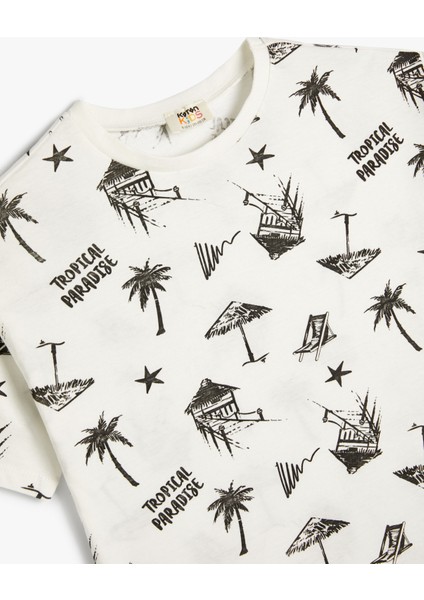 Tişört Tropik Baskılı Kısa Kollu Bisiklet Yaka Pamuklu modelleri