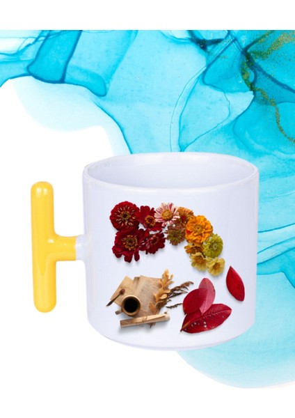 Romantik Sonbahar Baskılı T Saplı Kupa Bardak Porselen Çay Kahve Fincanı
