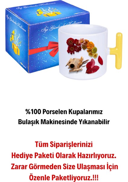 Romantik Sonbahar Baskılı T Saplı Kupa Bardak Porselen Çay Kahve Fincanı