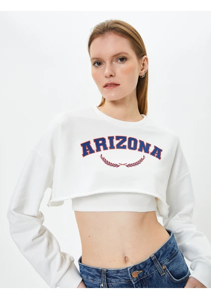 Crop Sweatshirt Baskılı Bisiklet Yaka Uzun Kollu