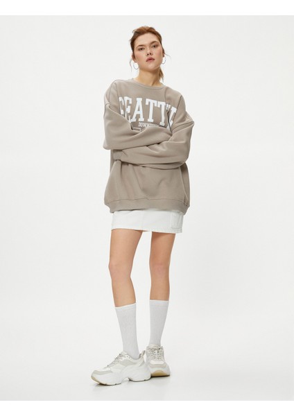 Kolej Sweatshirt Rahat Kalıp Baskılı Uzun Kollu Bisiklet Yaka
