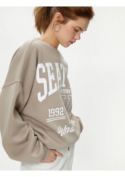 Kolej Sweatshirt Rahat Kalıp Baskılı Uzun Kollu Bisiklet Yaka