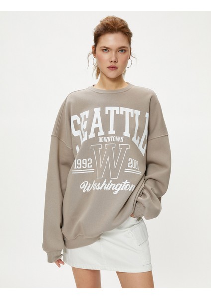 Kolej Sweatshirt Rahat Kalıp Baskılı Uzun Kollu Bisiklet Yaka