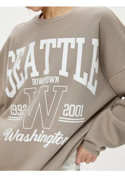 Kolej Sweatshirt Rahat Kalıp Baskılı Uzun Kollu Bisiklet Yaka