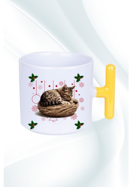 Yeni Yıl Uykucu Kedi Baskılı T Saplı Kupa Bardak Porselen Çay Kahve Fincanı
