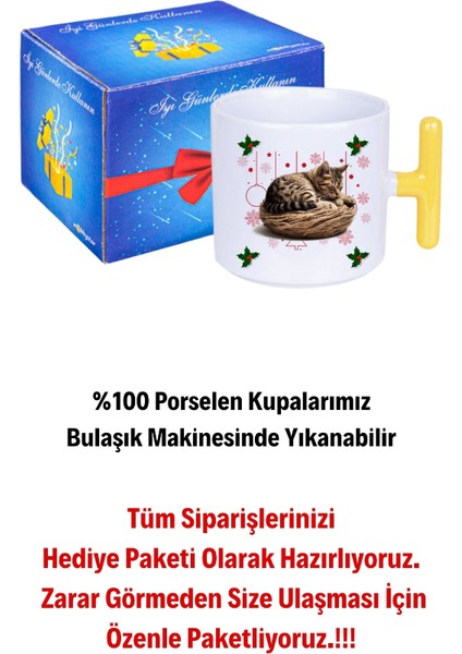 Yeni Yıl Uykucu Kedi Baskılı T Saplı Kupa Bardak Porselen Çay Kahve Fincanı