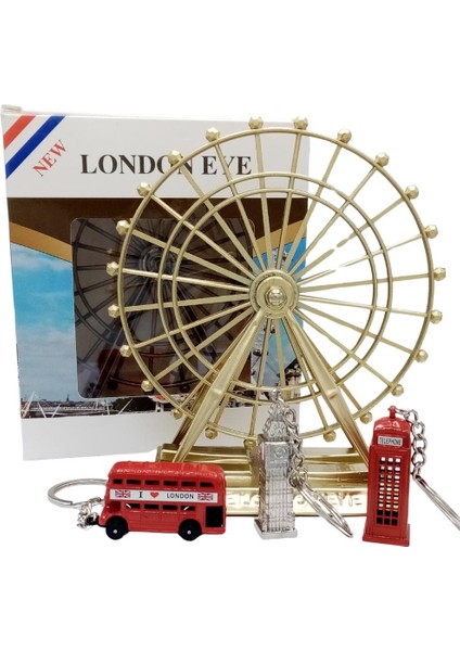 Ingiltere Londra Dönme Dolap Otobüs Telefon Kulübesi ve Big Ben Anahtarlık Dörtlü Paket