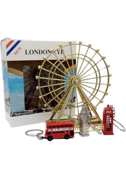 Ingiltere Londra Dönme Dolap Otobüs Telefon Kulübesi ve Big Ben Anahtarlık Dörtlü Paket fiyatları
