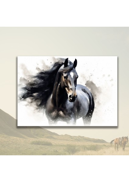 Tekli Yatay Kanvas Duvar Tablosu Asil Siyah At Illüstrasyonu modelleri