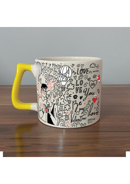 Aşk Temalı Sarı Kulplu D Sevgililer Günü Kupası