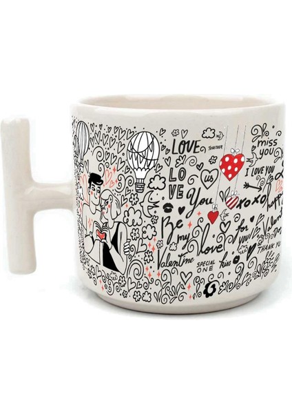 Aşk Temalı Beyaz Kulplu T Sevgililer Günü Kupası