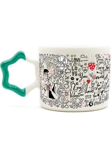 Aşk Temalı Yeşil Kulplu Yıldız Sevgililer Günü Kupası