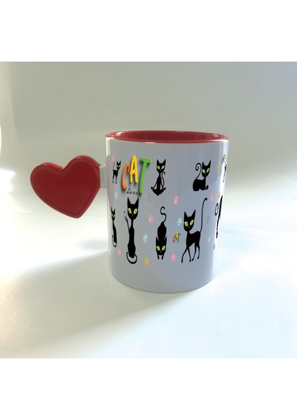 Cat Love Baskılı Kırmızı Dolu Kalp Kulplu Mega Kupa