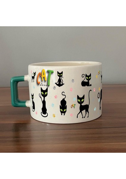 Cat Love Baskılı Yeşil Kulplu C Fincan