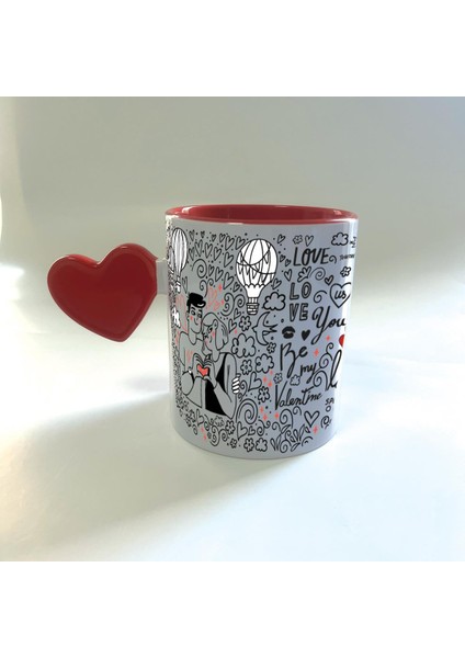 Aşk Temalı Kırmızı Dolu Kalp Kulplu Mega Sevgililer Günü Kupası