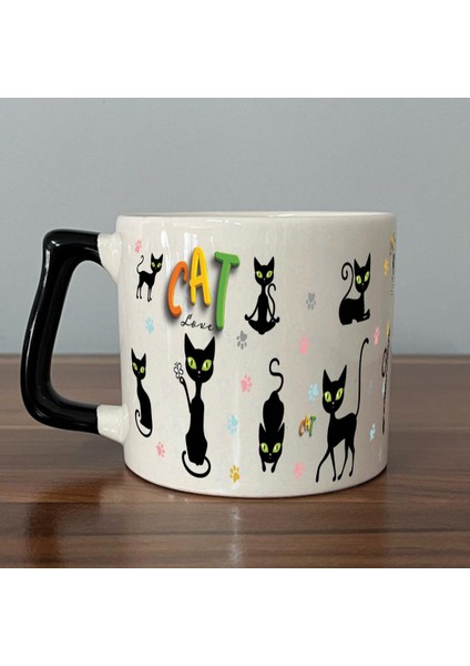 Cat Love Baskılı Siyah Kulplu D Kupa