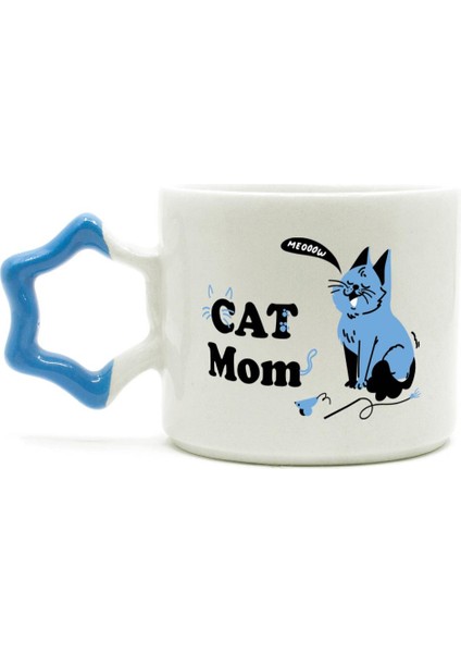 Cat Mom Baskılı Mavi Kulplu Yıldız Kupa