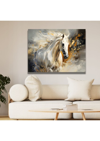 Tekli Yatay Kanvas Duvar Tablosu Koşan Beyaz At Görseli