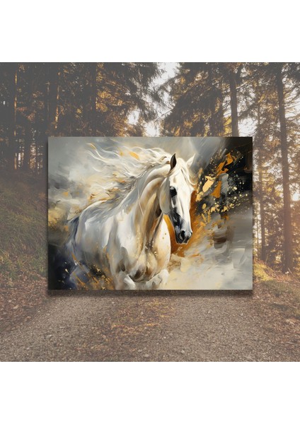 Tekli Yatay Kanvas Duvar Tablosu Koşan Beyaz At Görseli modelleri