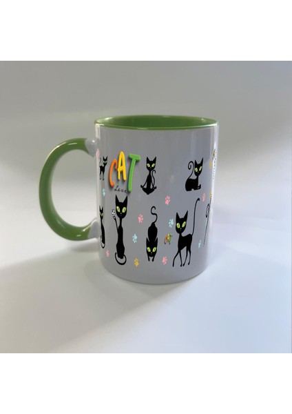 Cat Love Baskılı Yeşil Mega Kupa