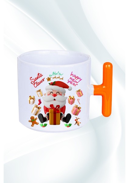 Noel Baba Happy Christmas Baskılı T Saplı Kupa Bardak Porselen Çay Kahve Fincanı
