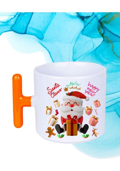 Noel Baba Happy Christmas Baskılı T Saplı Kupa Bardak Porselen Çay Kahve Fincanı