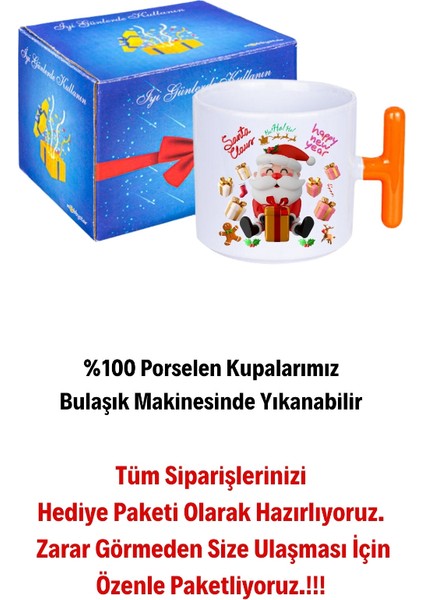 Noel Baba Happy Christmas Baskılı T Saplı Kupa Bardak Porselen Çay Kahve Fincanı