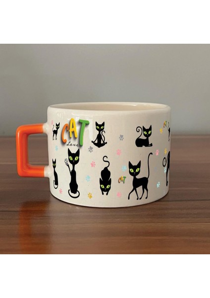 Cat Love Baskılı Turuncu Kulplu C Fincan