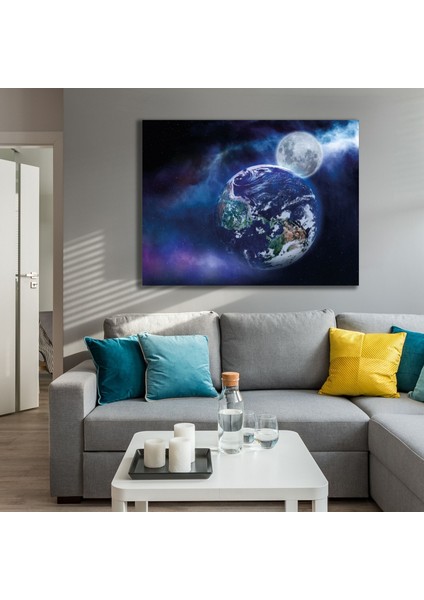 Tekli Yatay Kanvas Duvar Tablosu Uzay Boşluğu Ay ve Dünya