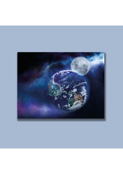 Tekli Yatay Kanvas Duvar Tablosu Uzay Boşluğu Ay ve Dünya modelleri
