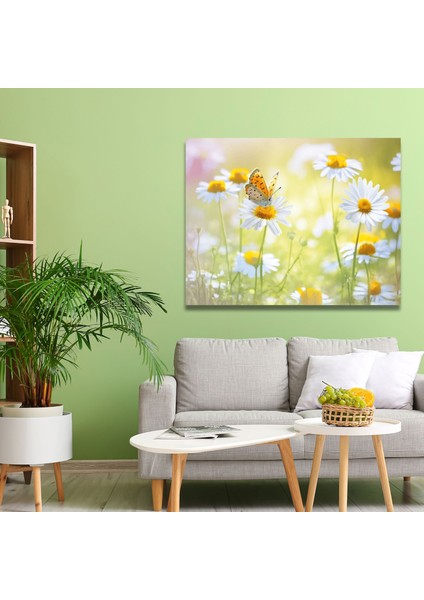 Tekli Yatay Kanvas Duvar Tablosu Papatyalar ve Sarı Kelebek