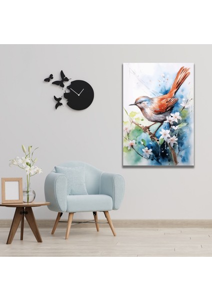 Tekli Dikey Kanvas Duvar Tablosu Ağaç Dalında Bülbül