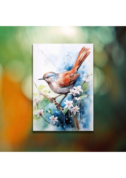 Tekli Dikey Kanvas Duvar Tablosu Ağaç Dalında Bülbül modelleri