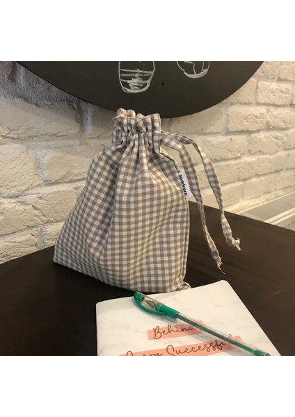 Bej Pötikareli Çevre Dostu Bez Keten Büzgülü İpli Düzenleyici Kese, Makyaj Çantası