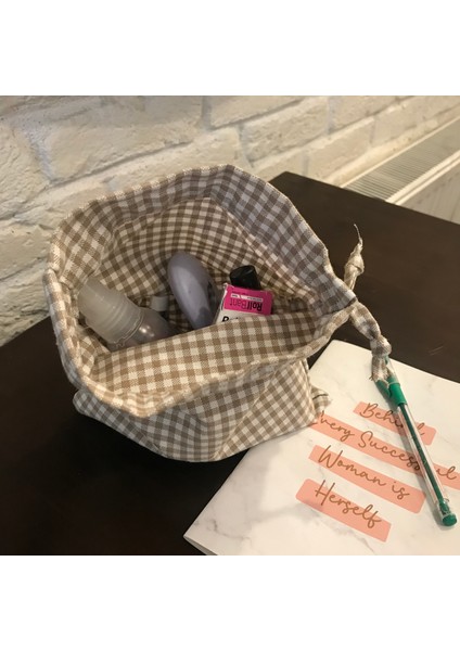 Bej Pötikareli Çevre Dostu Bez Keten Büzgülü İpli Düzenleyici Kese, Makyaj Çantası