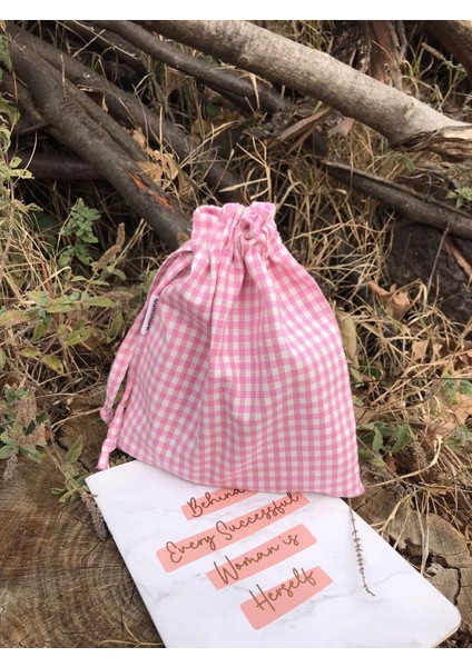 Pembe Pötikareli Çevre Dostu Bez Keten Büzgülü İpli Düzenleyici Kese, Makyaj Çantası