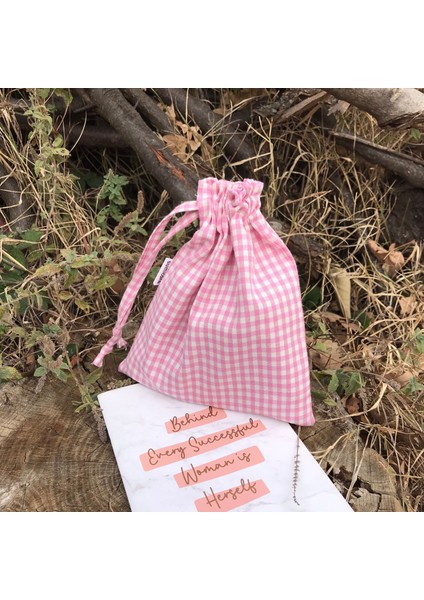 Pembe Pötikareli Çevre Dostu Bez Keten Büzgülü İpli Düzenleyici Kese, Makyaj Çantası