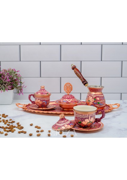 6 Kişilik Işlemeli Cezveli Bakır Fincan Seti, Takımı ( Tepsi + Lokumluk + 6 Adet Fincan + Cezve ) fiyatları