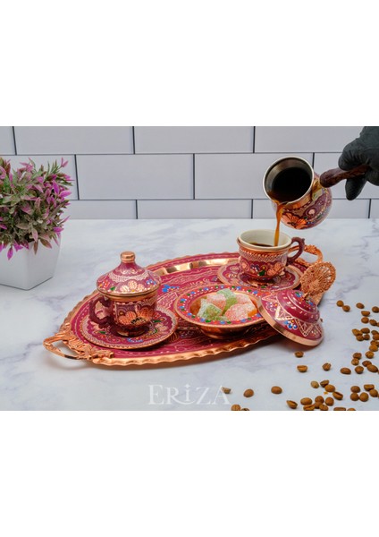 6 Kişilik Işlemeli Cezveli Bakır Fincan Seti, Takımı ( Tepsi + Lokumluk + 6 Adet Fincan + Cezve ) modelleri