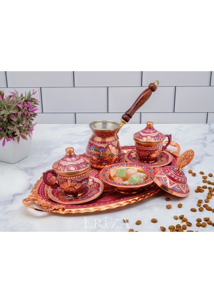 6 Kişilik Işlemeli Cezveli Bakır Fincan Seti, Takımı ( Tepsi + Lokumluk + 6 Adet Fincan + Cezve ) fırsatları