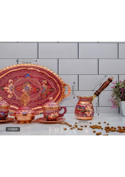 6 Kişilik Işlemeli Cezveli Bakır Fincan Seti, Takımı ( Tepsi + Lokumluk + 6 Adet Fincan + Cezve ) indirimleri