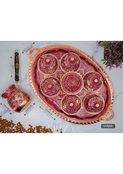 6 Kişilik Işlemeli Cezveli Bakır Fincan Seti, Takımı ( Tepsi + Lokumluk + 6 Adet Fincan + Cezve )