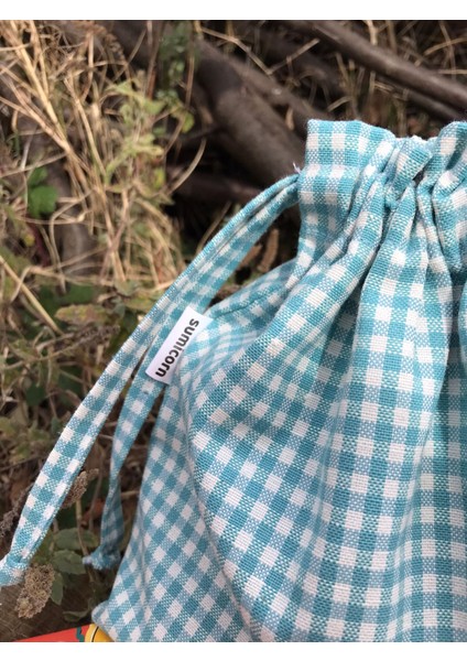 Turkuaz Pötikareli Çevre Dostu Bez Keten Büzgülü İpli Düzenleyici Kese, Makyaj Çantası