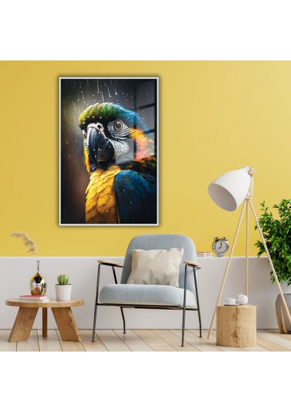 Metal Çerçeveli Temperli Cam Tablo Su Damlası ve Renkli Papağan