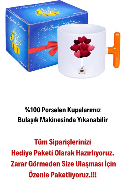 Uçan Kalpler Baskılı T Saplı Kupa Bardak Porselen Çay Kahve Fincanı Hediye