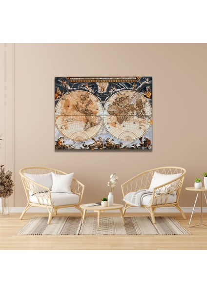 Tekli Yatay Kanvas Tablo Dünya Haritası ve Insanlar