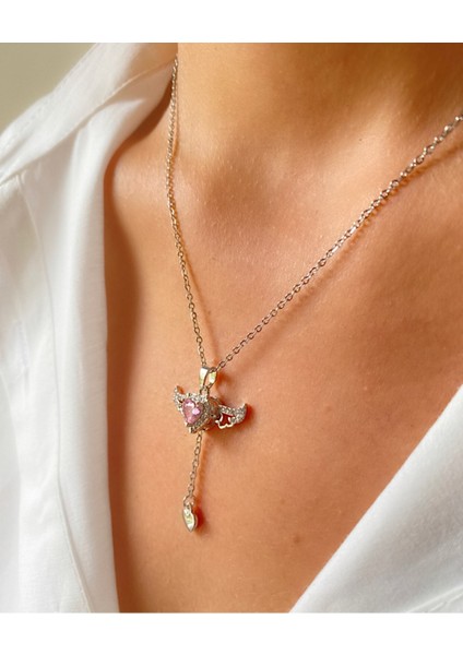 Pembe Zirkon Taşlı Melek Kanatlı Hareketli Paslanmaz Çelik Kolye