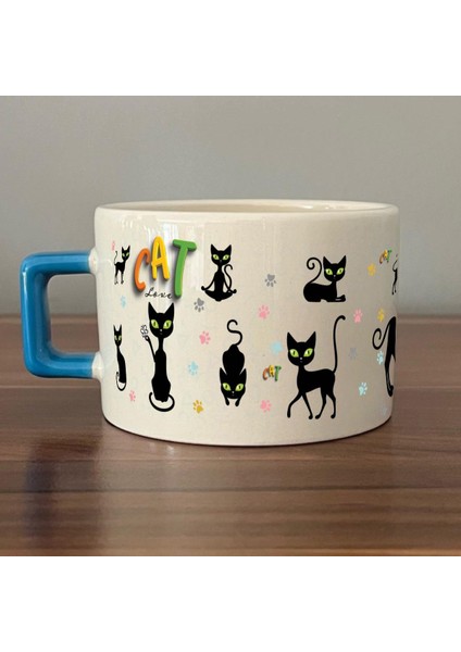 Cat Love Baskılı Mavi Kulplu C Fincan