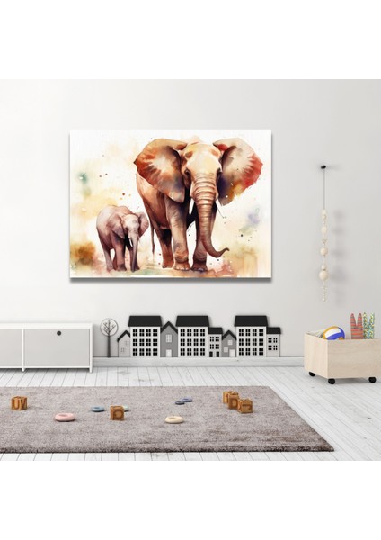 Tekli Yatay Kanvas Duvar Tablosu Uv Baskı Anne Fil ve Yavru Fil